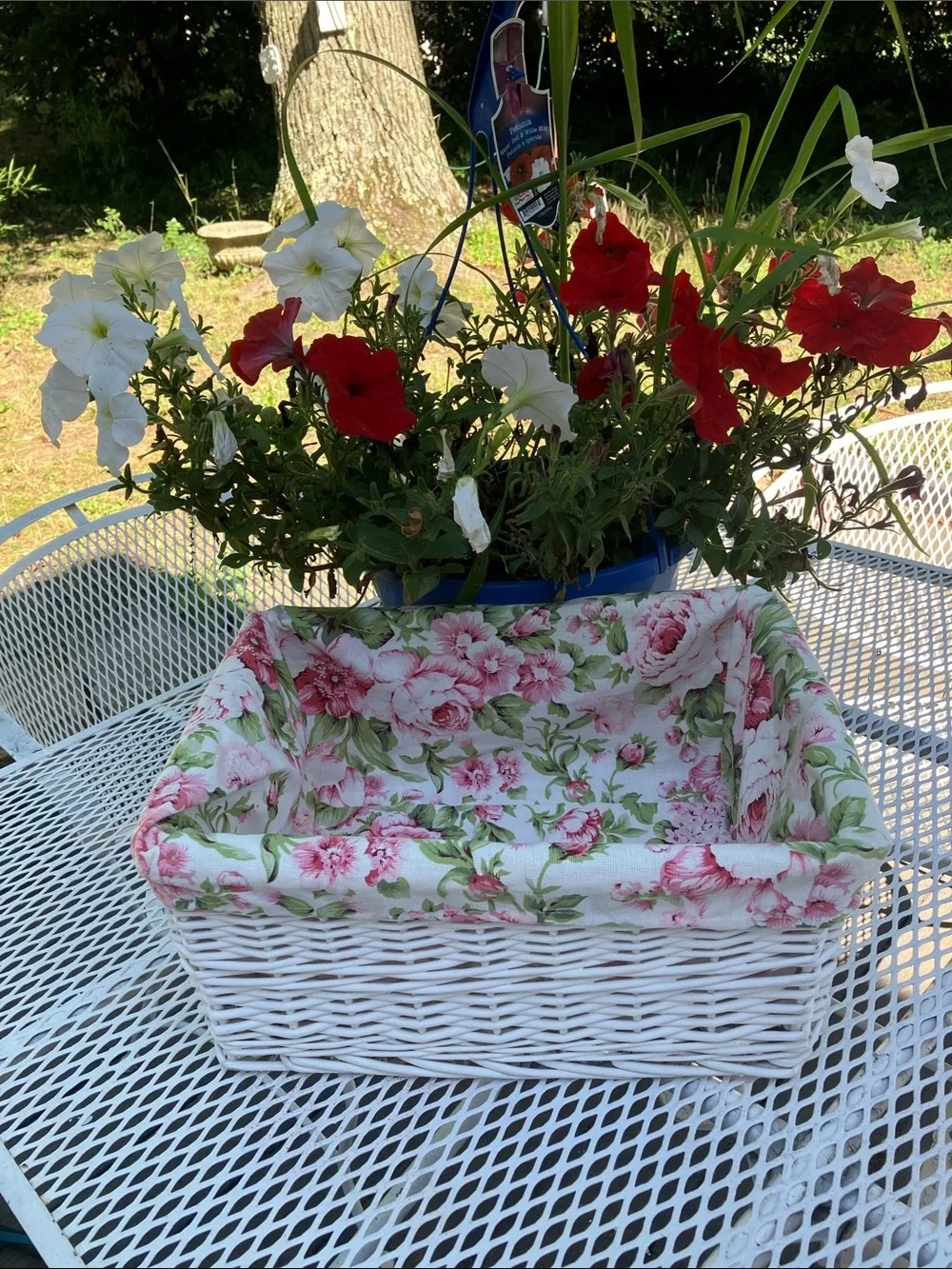 White Wicker Basket With Cotton Lining in Flower Design
